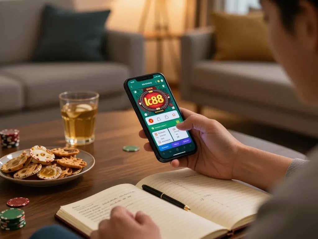 Player analyzing strategies on lc88 app while enjoying a cozy home gaming experience.