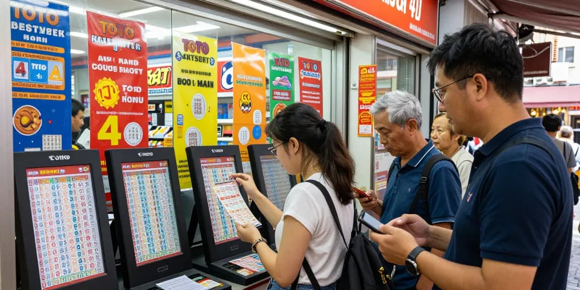 Diverse individuals excitedly engaging in a vibrant urban lottery shop for Toto 4D results, capturing anticipation and community spirit.