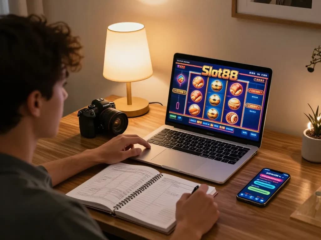 Engage with Slot88 through dynamic online gaming at home, featuring vibrant graphics and strategic notes.