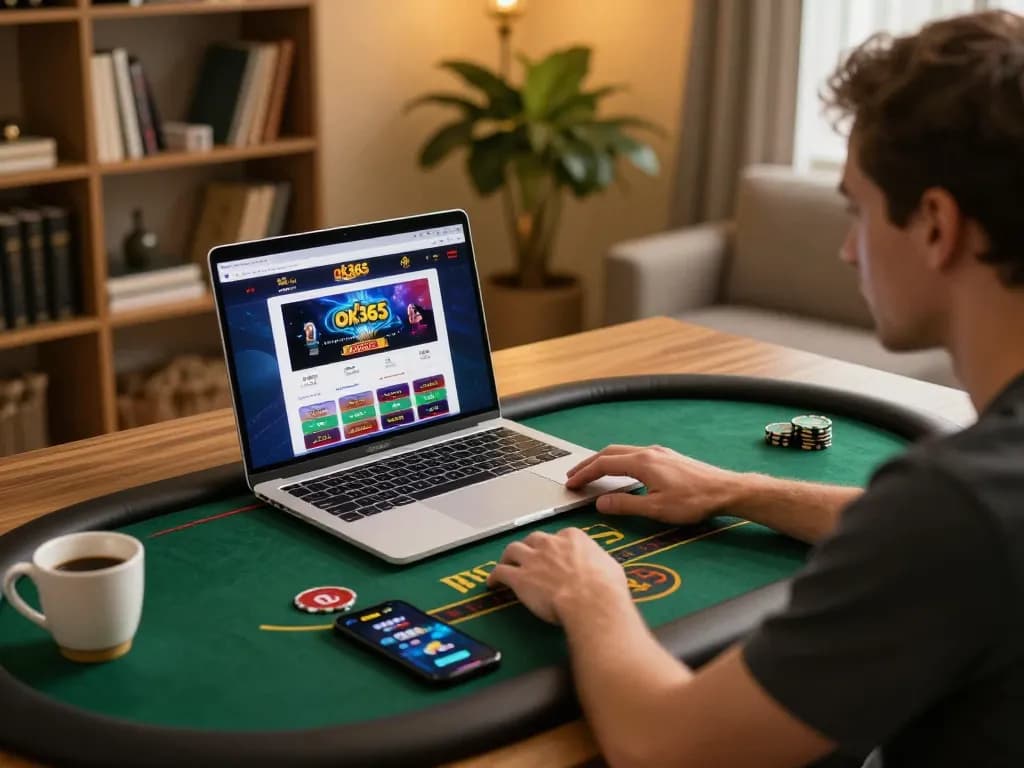 Player engaging with ok365 casino interface on a laptop at cozy home desk