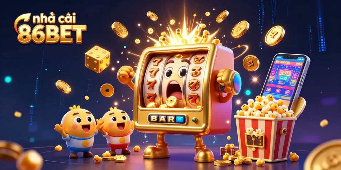 Experience the excitement of nhà cái 86BET with a vibrant jackpot celebration featuring animated slot machines.