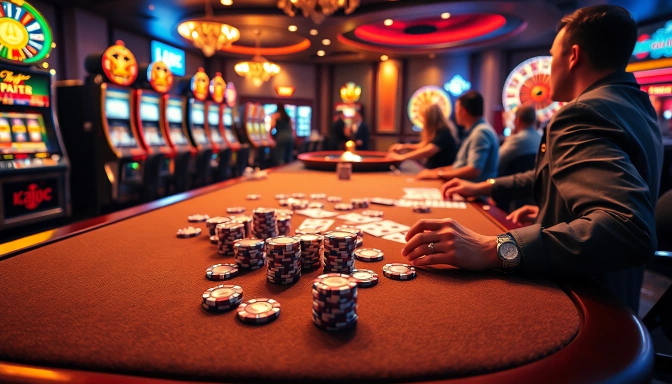 KJC gaming table filled with poker chips and cards, showcasing an exciting casino atmosphere.