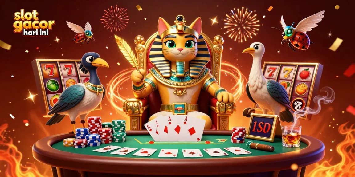 Slot gacor hari ini pada ilustrasi kasino dengan karakter kucing firaun dan simbol jackpot yang dinamis.