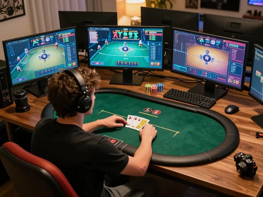 Engaging online poker gameplay at nk88 win showcasing strategic decisions in a modern home setup.