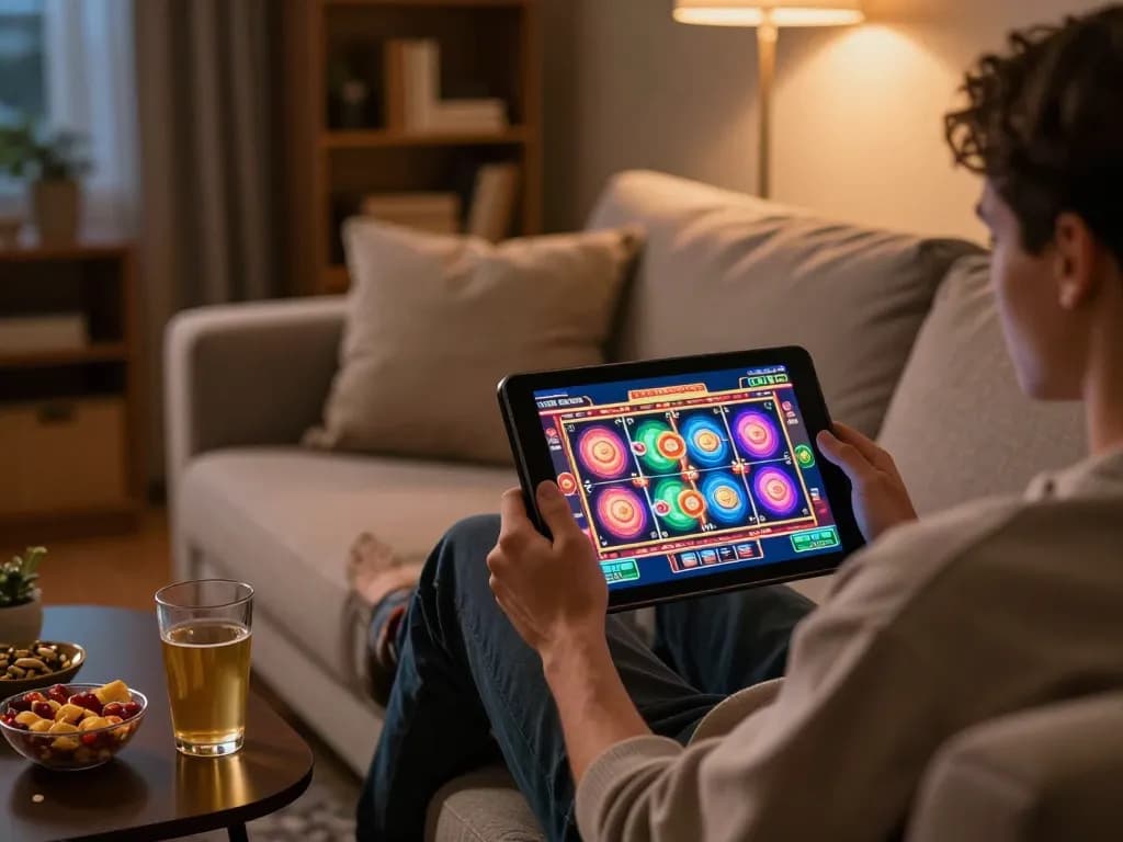 Engaged player at nhà cái cm88 enjoying online slot games on a tablet in a cozy home environment