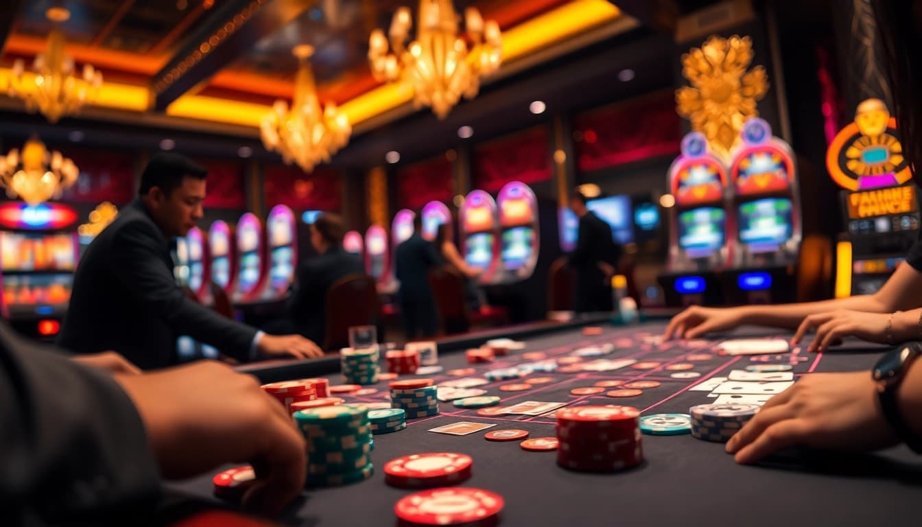 Menghadirkan situs toto yang menarik dengan pemain kasino bersemangat di meja dengan kartu dan chip warna-warni.