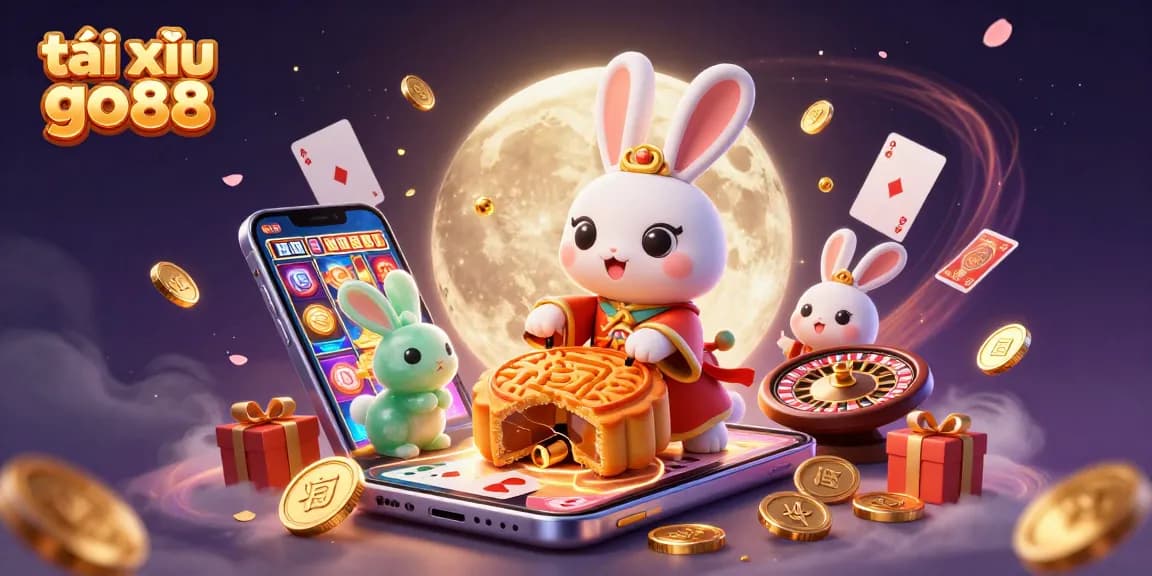 Experience the thrill of tài xỉu go88 with a colorful scene of the moon rabbit and casino elements.