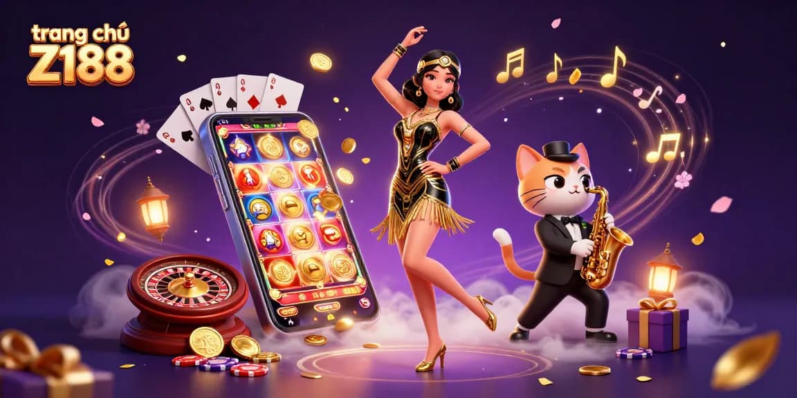 Experience thrilling games at trang chủ Z188 with vibrant illustrations of casino elements.