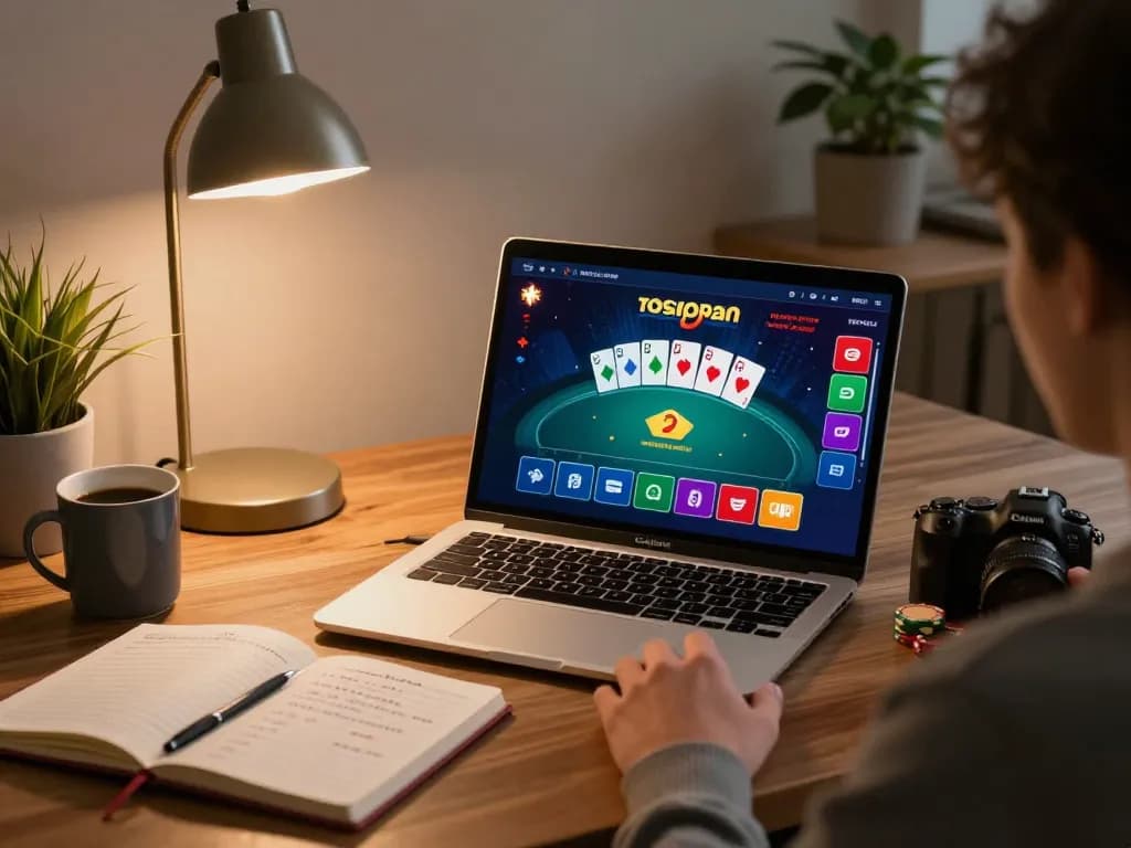 Engaging in online gaming with CasinoAtlas on a sleek laptop, highlighting strategy and responsible gambling.