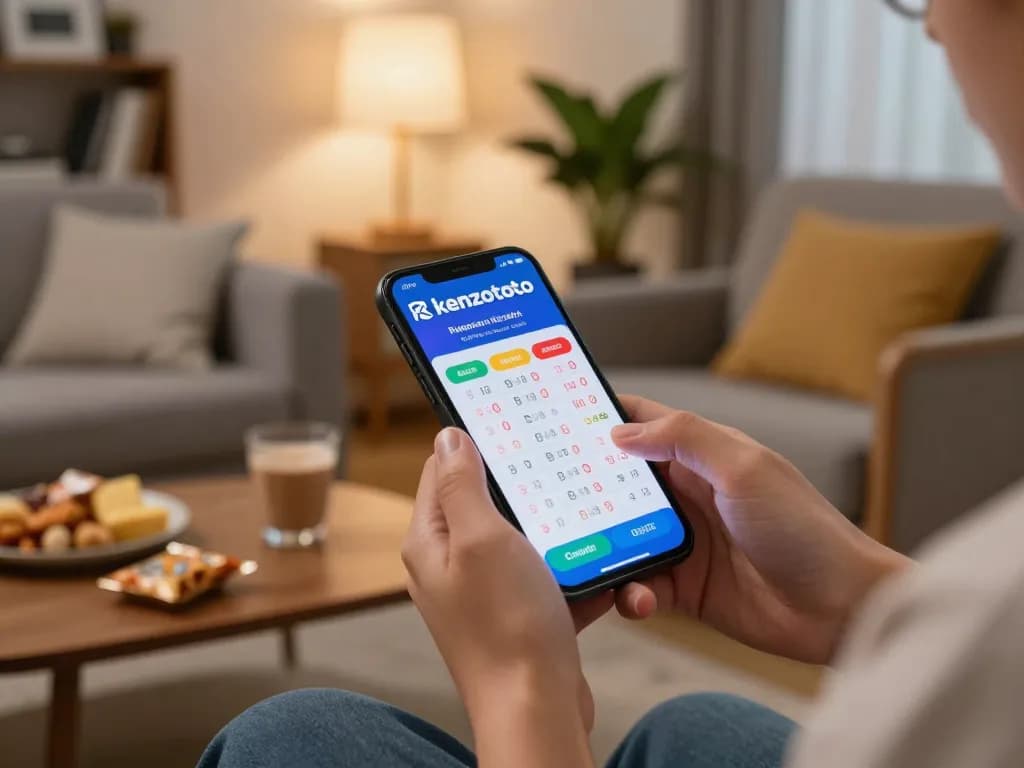 Pengguna Kenzototo yang berinteraksi dengan aplikasi smartphone untuk hasil lotere di suasana rumah yang nyaman