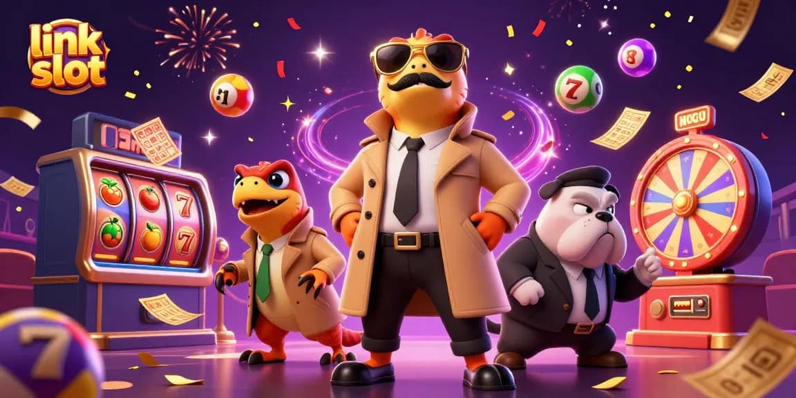 Bermain link slot dengan tiga raptor menipu di kasino, dikelilingi bola lotere berwarna-warni.