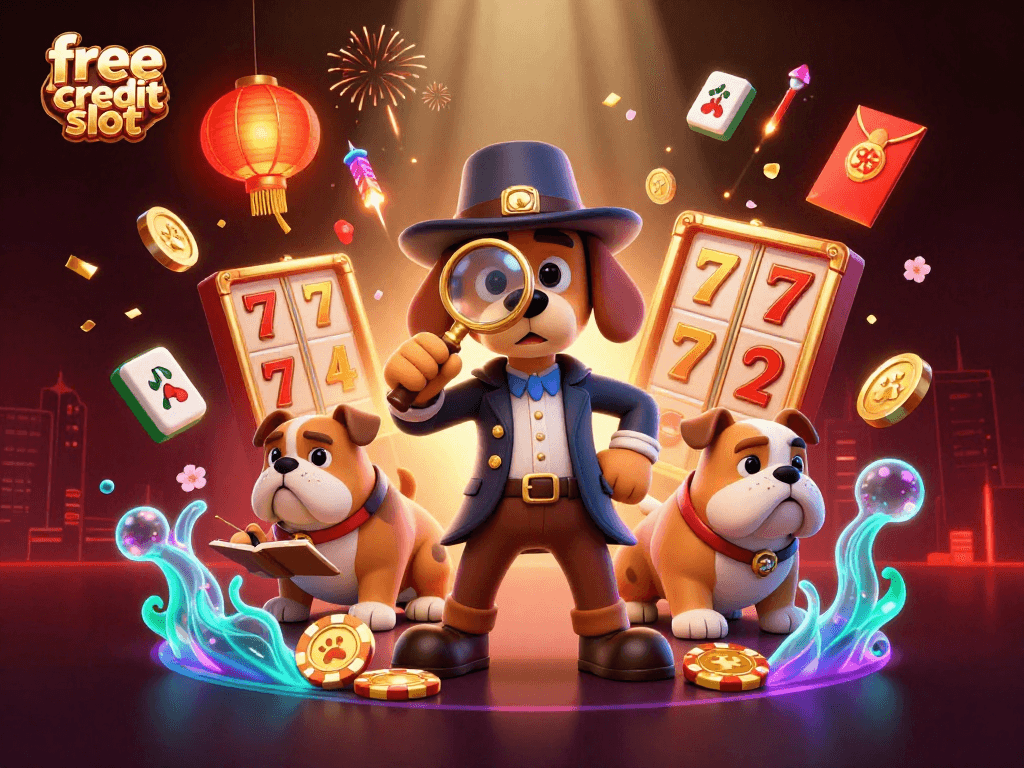 Experience the thrill of free credit slot with detectives and golden poker chips in this vibrant scene