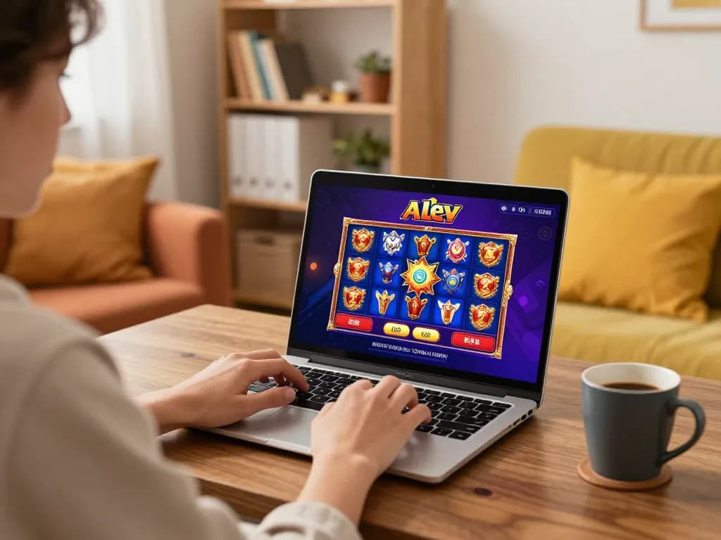 Alev Casino player enjoying vibrant online slots on a laptop in a cozy home setting.
