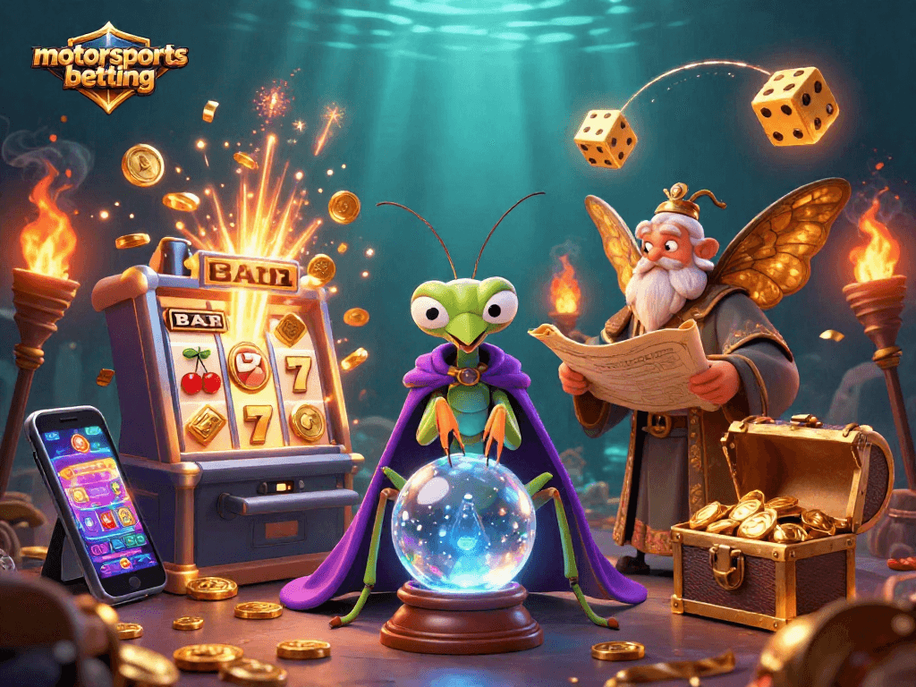 Engage in motorsports betting with vibrant illustration featuring fortune teller and rich casino elements.