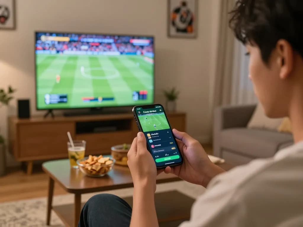 Cá cược thể thao Luck8 live betting scene in an inviting home setting, showcasing intense engagement in sports betting.