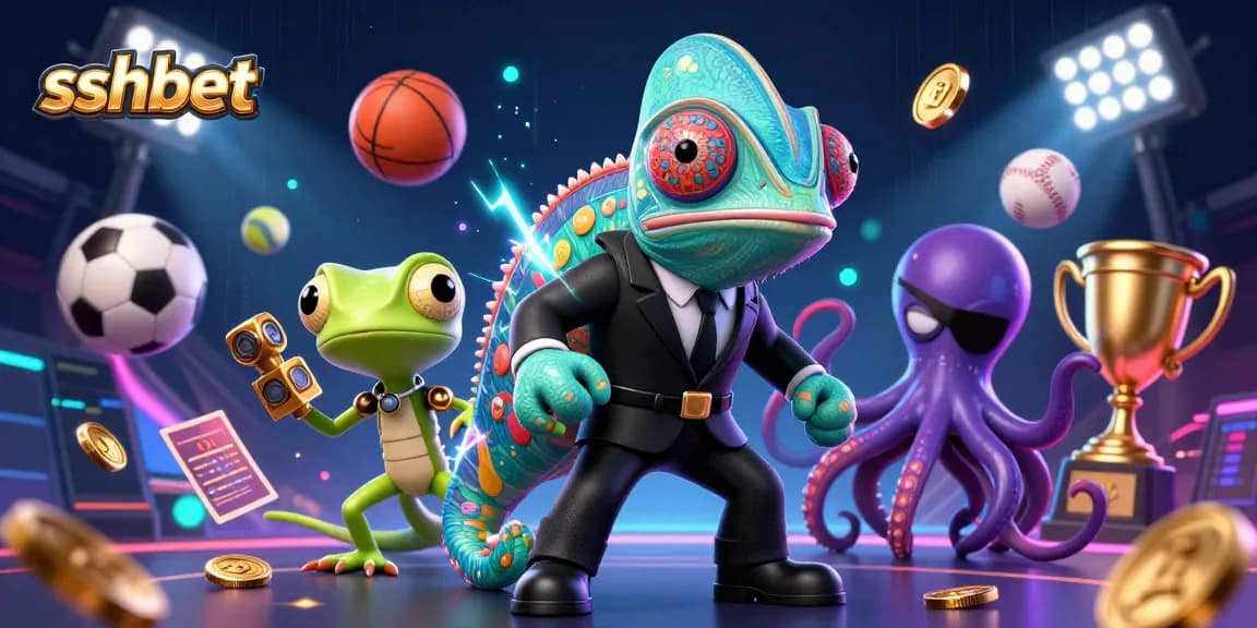 Engage in thrilling gambling adventures with sshbet in a vibrant 3D casino scene featuring unique characters and sports elements.