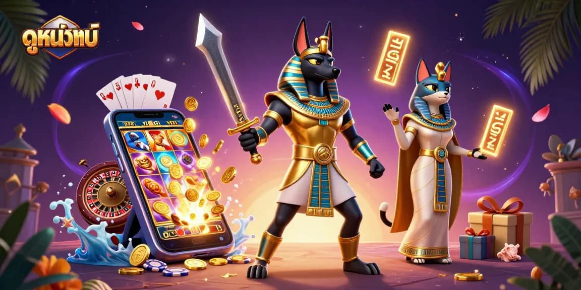 Experience the thrill of ดูหนังใหม่ with Anubis and Bastet in a vibrant casino scene.