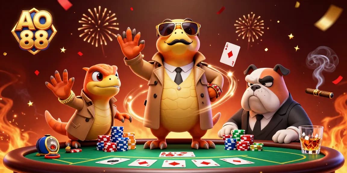 Win big at AO 88 with three clever raptors disguised as a tall player in a lively casino illustration.