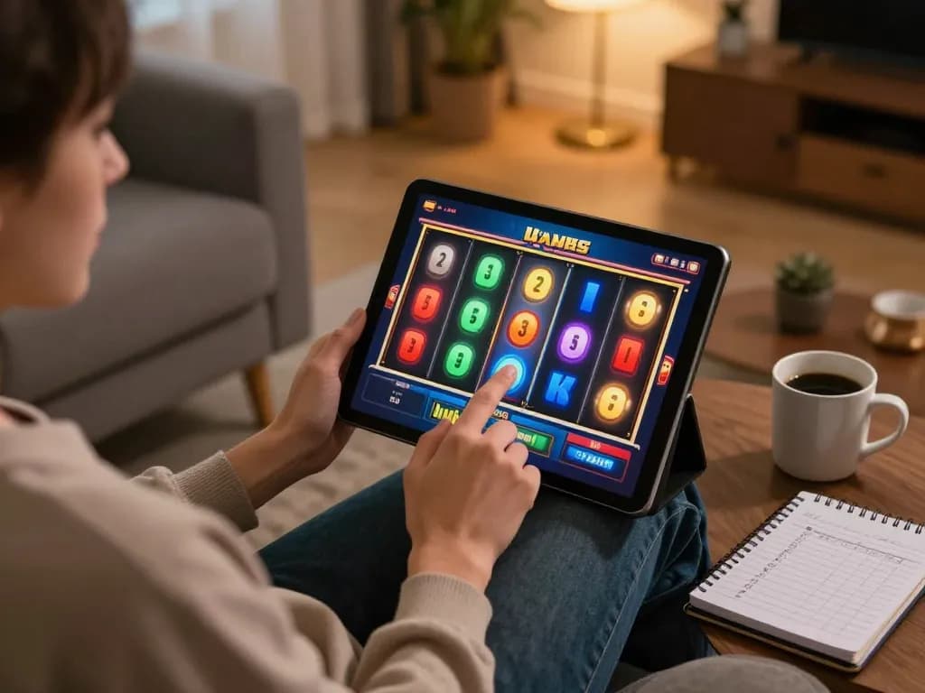 Pemain yang terlibat dengan permainan slot online di tablet, menampilkan layar permainan yang cerah dan suasana rumah yang nyaman
