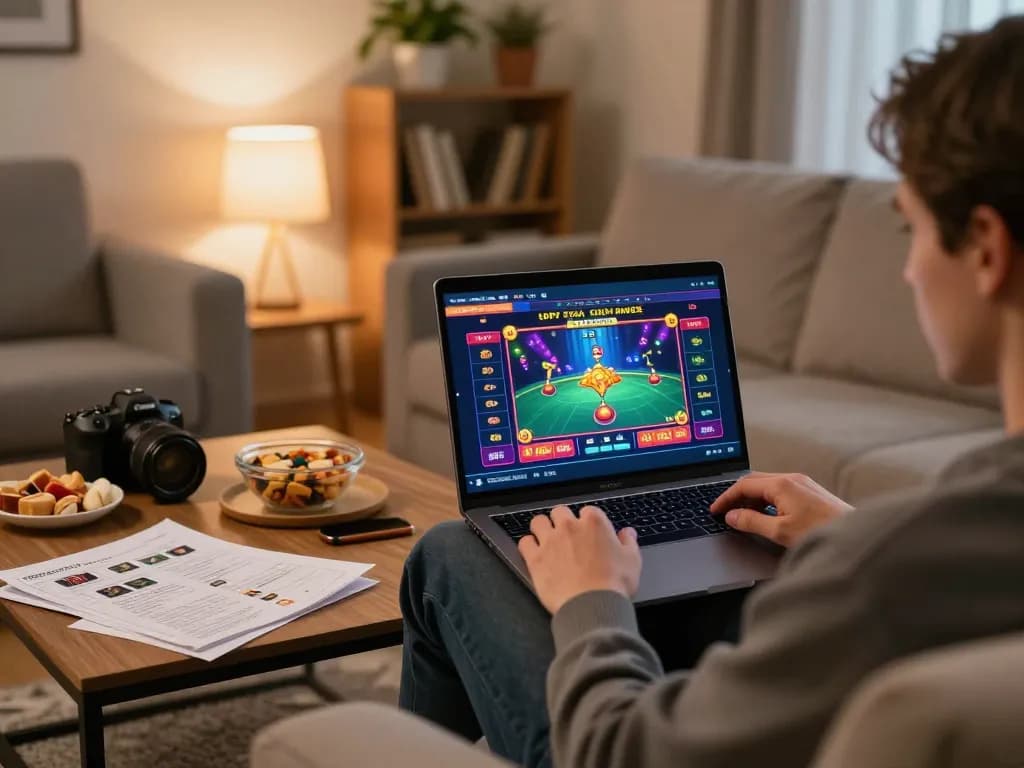 Engaging in online gaming at home with a trusted Nha cai uy tin on laptop, emphasizing comfortable and responsible gambling