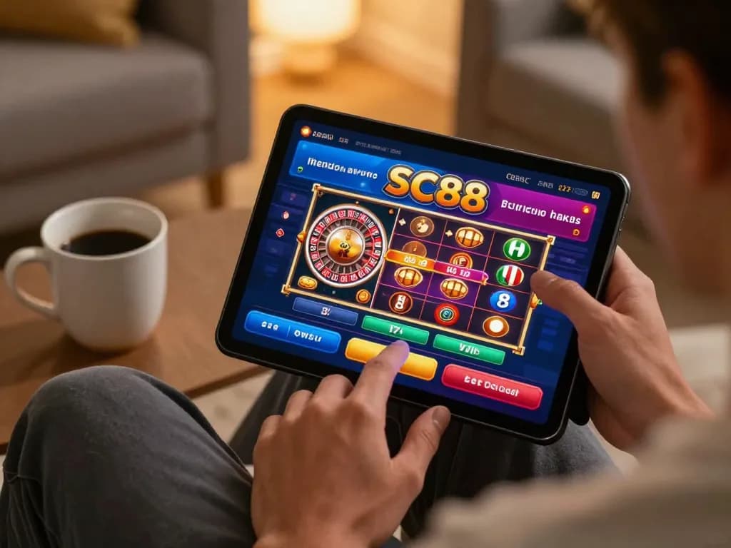 Playing SC88 mobile casino app in a cozy home setting, showcasing engaging gaming interface and relaxation.