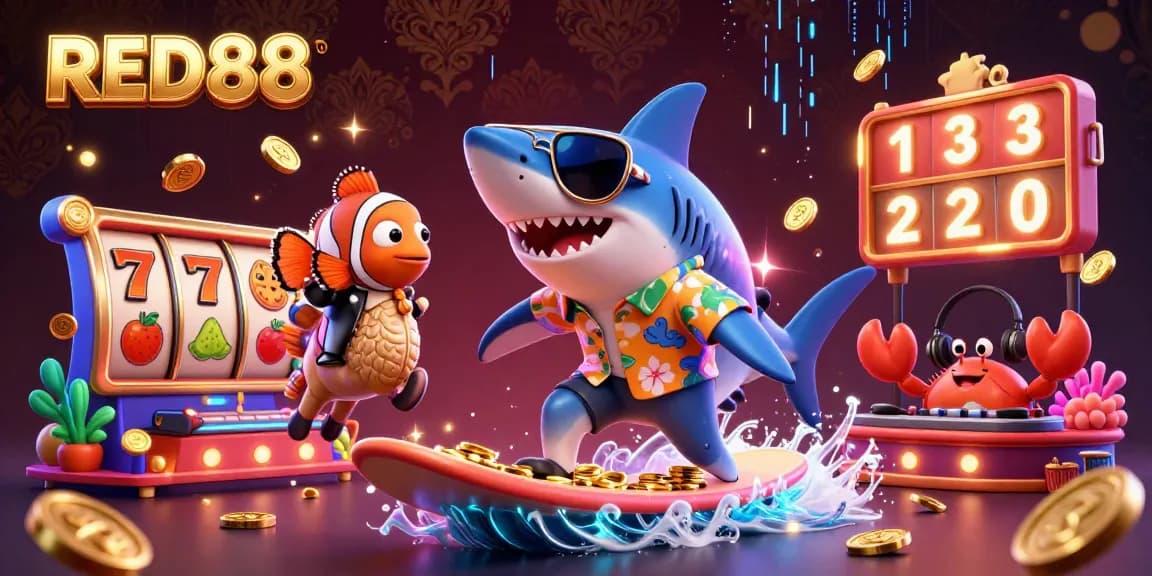 Bet on RED88 with a vibrant illustration of a shark surfer, lucky casino symbols, and energetic gaming elements.
