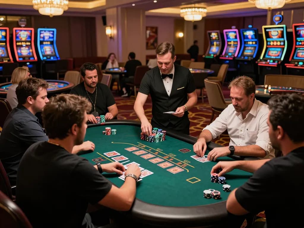 Players engaged in intense blackjack game at a vibrant casino, showcasing W69 strategy moments with chips stacked on the table.