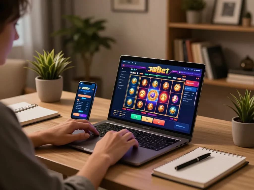 Engaging with the 388bet casino app on a sleek laptop in a warm home office atmosphere.