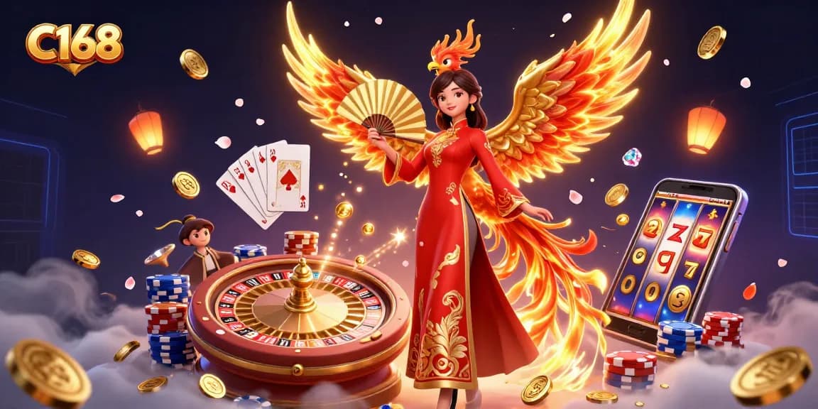 Place bets at C168 with stunning visuals of a beautiful woman and phoenix amid casino elements.