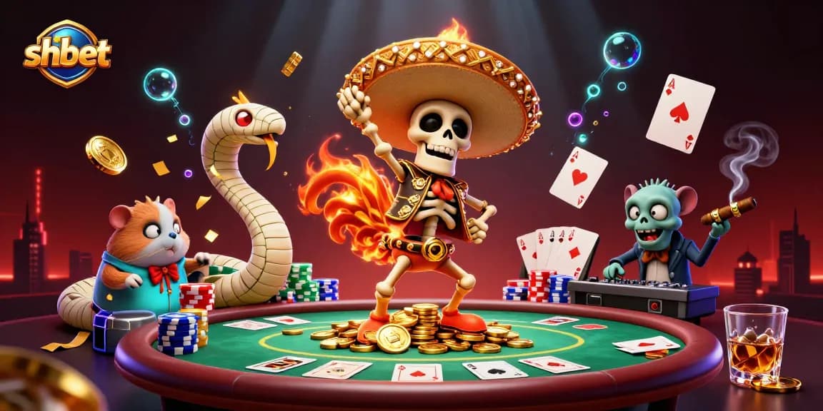 Experience thrilling action at shbet as a rooster dances on coins surrounded by poker elements in an engaging scene.
