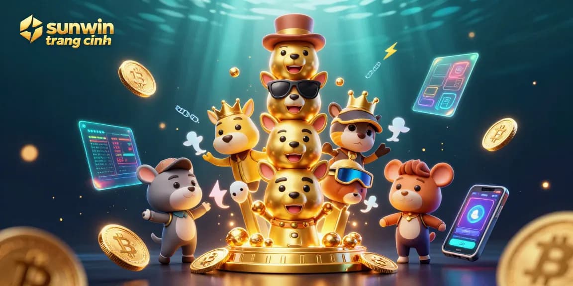 Engage with the vibrant sunwin trang chính featuring a dynamic totem pole and glowing cryptocurrency elements in a rich casino-themed scene.