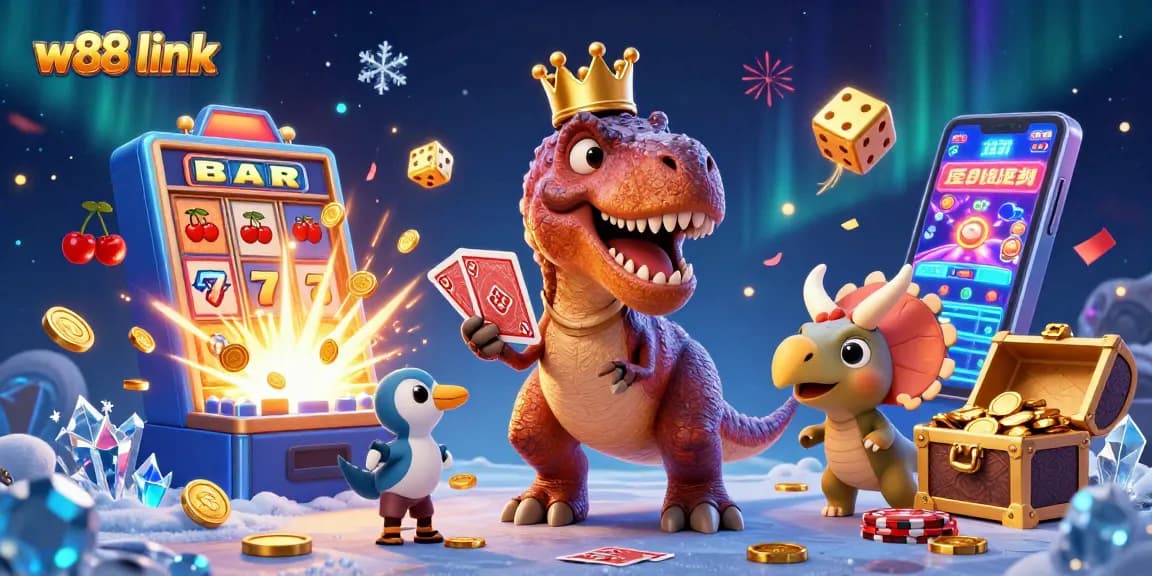 Join the fun at W88 link with a colorful casino scene featuring a T-Rex dealing cards and vibrant slot elements.