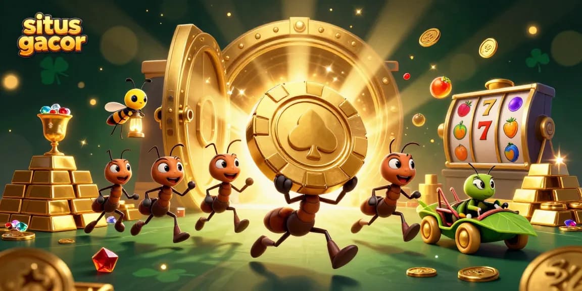 Sits gacor with a cartoon heist, ants carrying a massive poker chip and casino treasures