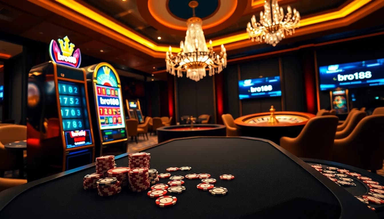 Experience high stakes gaming at bro138 with a luxurious casino atmosphere showcasing slot machines and poker tables.