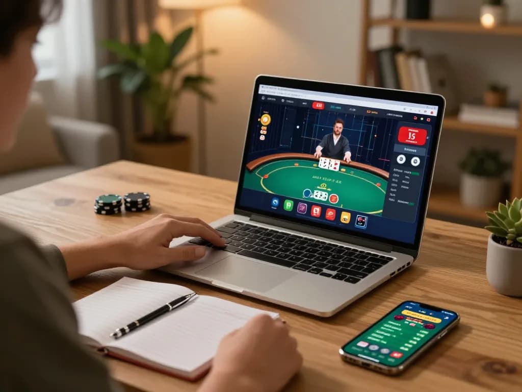 Player strategizing in online casinos not on gamstop from stylish home setup, engaging with live dealer.