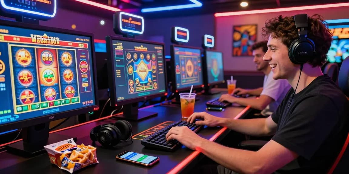 Player enjoying casinos that accept credit cards, immersed in online gaming with vibrant slot graphics.