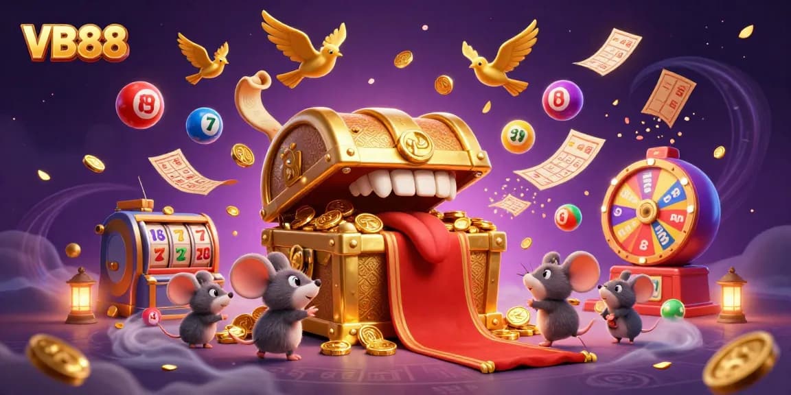 Engage with VB88's vibrant lottery-themed scene filled with colorful elements and treasure chests