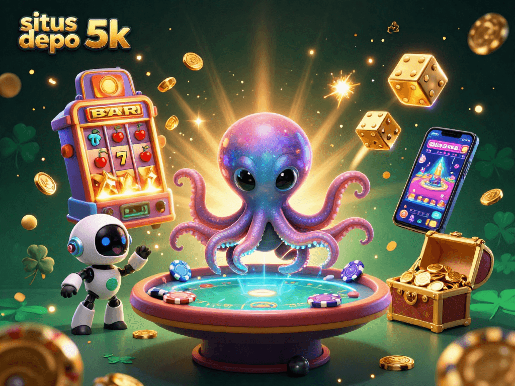 Engage in thrilling situs depo 5k games with an alien octopus managing a vibrant casino scene surrounded by exciting casino elements.