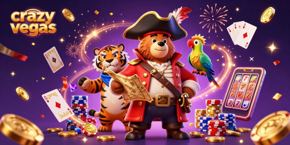 The 3D casino scene showcases a pirate captain bear and a fierce tiger with gold coins and vibrant poker elements, capturing the essence of CrazyVegas.
