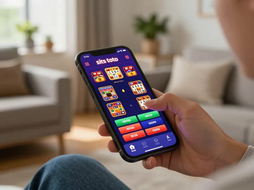 Berinteraksi dengan situs toto melalui aplikasi smartphone di lingkungan rumah yang nyaman, menekankan perjudian yang bertanggung jawab.