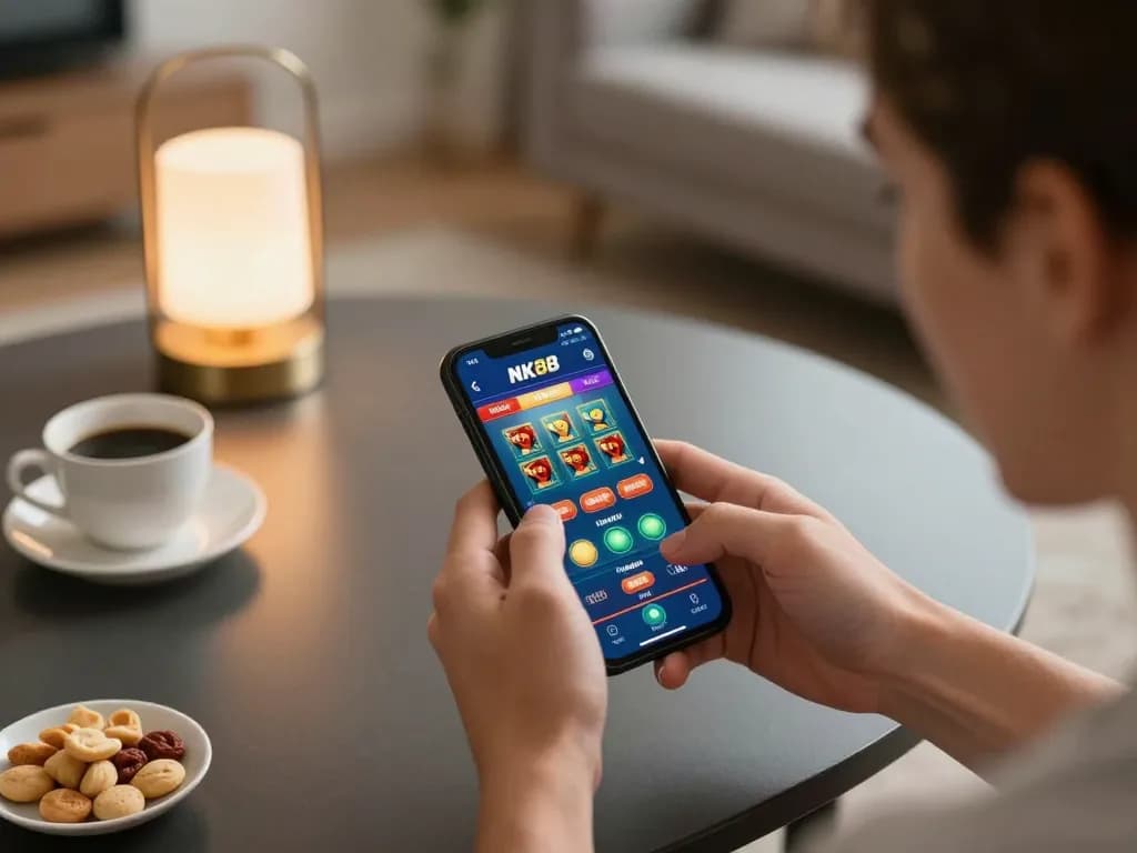 Navigating the NK88 win app on a smartphone, enjoying a modern home gaming experience.