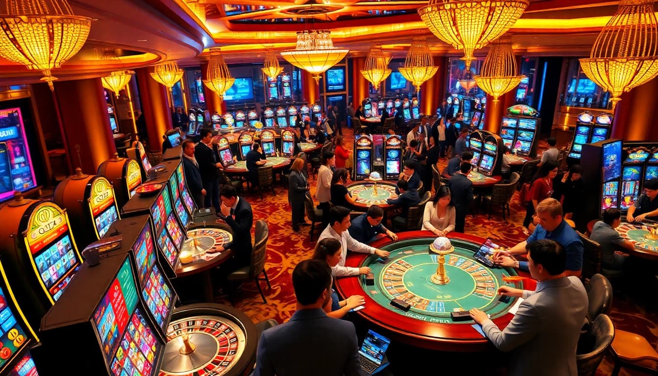 Players enjoying a thrilling moment at the casino with qqmacan slot machines and poker tables