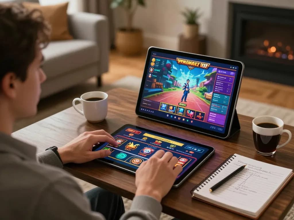 Engaging in responsible online gambling at home with ทางเข้า m119 on a tablet in a cozy setting.