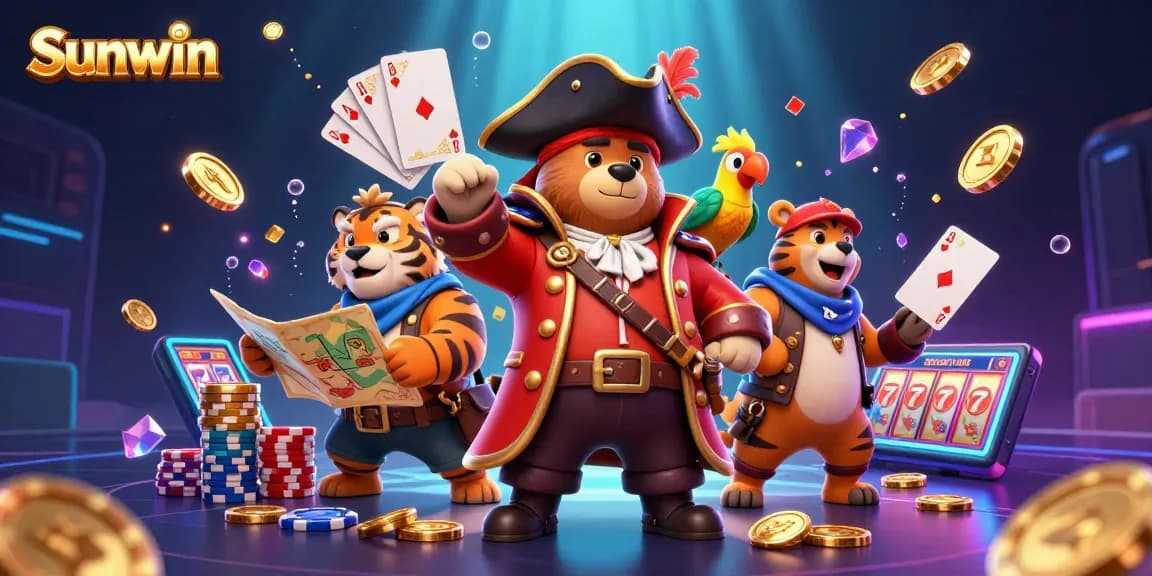 Experience exciting casino action with Sunwin's captivating 3D pirate-themed illustration full of vibrant colors.