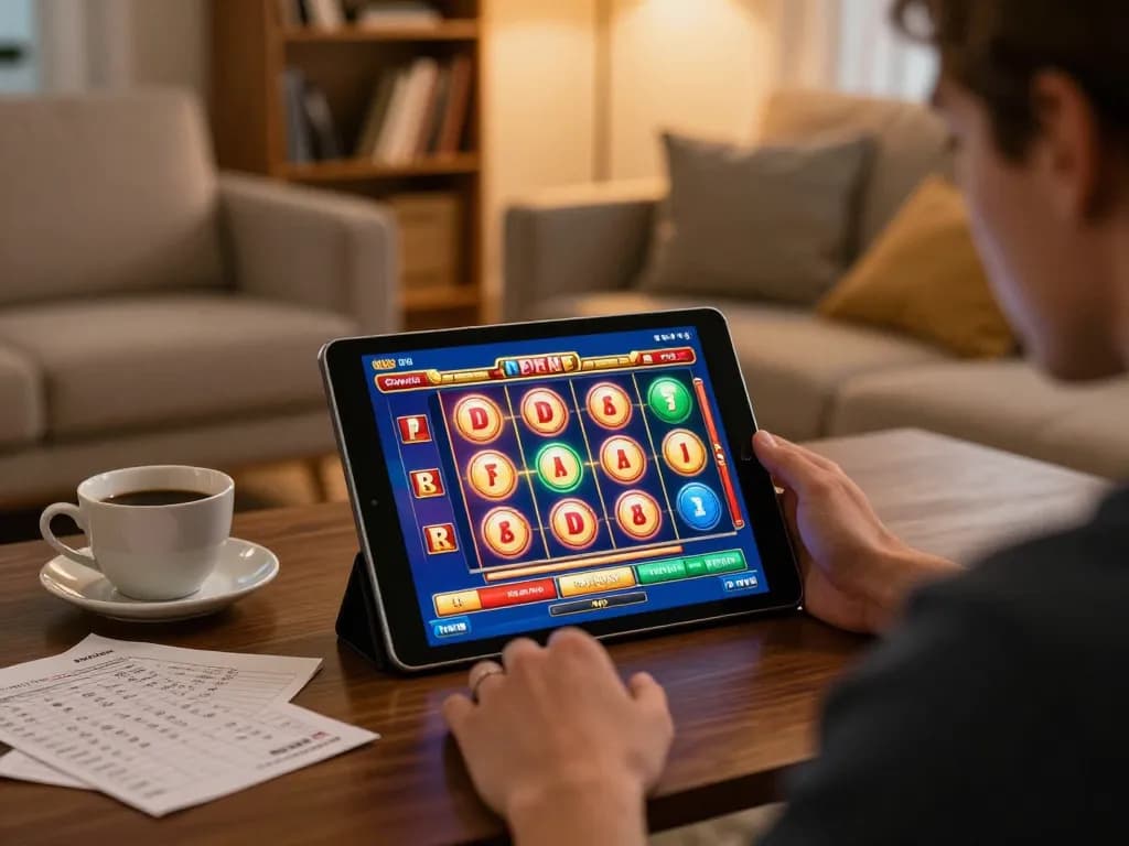 Playing exciting games on situs slot gacor in a cozy home setting with strategic notes.