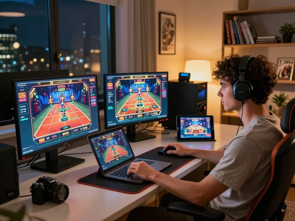 Experience intense gameplay at HUBET with a modern online setup featuring multiple screens and strategic focus.