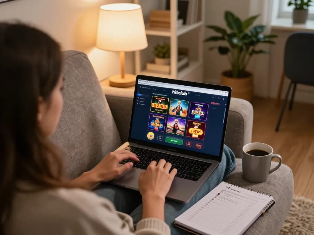 Engaging in hitclub online gambling with strategic notes in a cozy home setting