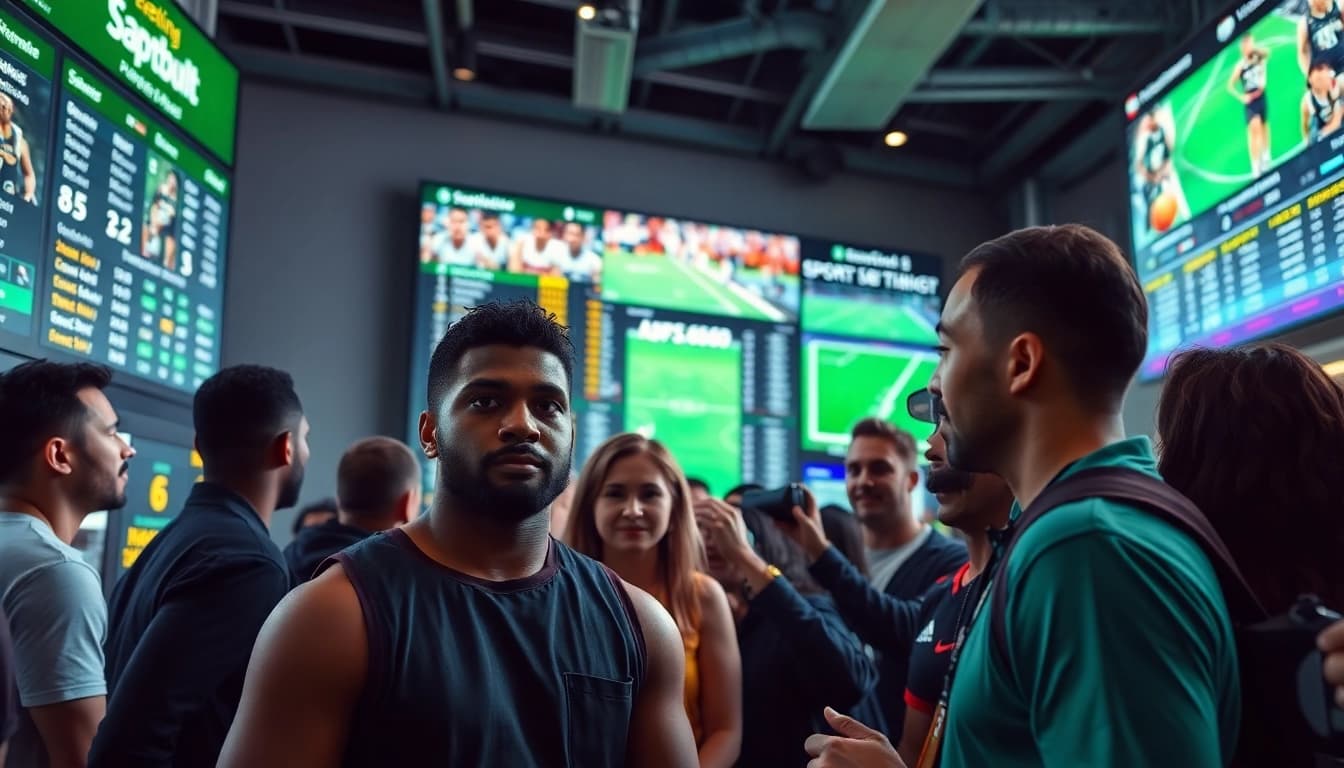 Experience Sports Betting excitement with fans at a high-tech betting kiosk showcasing live odds.