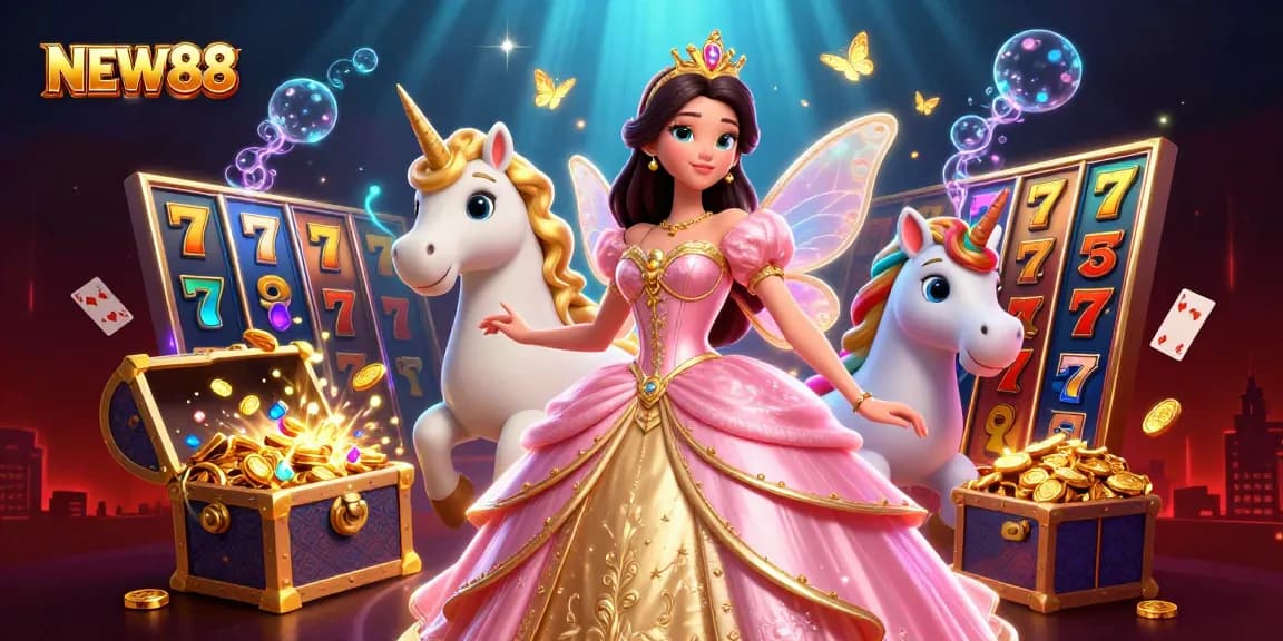 Experience exciting slot adventures with NEW88's vibrant 3D illustration showcasing dynamic gameplay and magical elements.