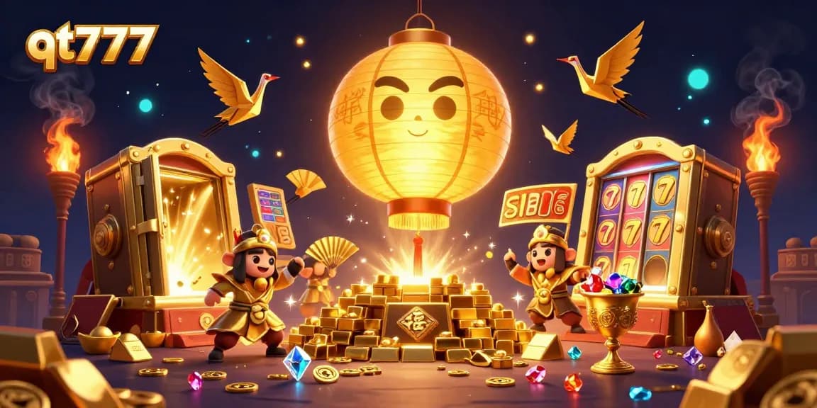 Experience the vibrant world of qt777, featuring dynamic characters and slot elements amid a dazzling casino backdrop.